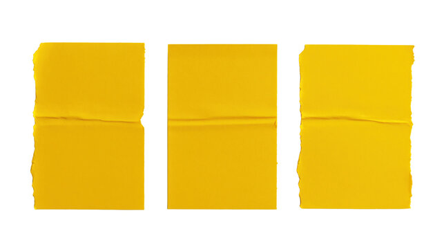 Three bright yellow torn paper rectangles with folded lines