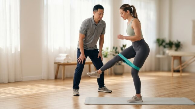 Woman exercises hip abduction with resistance band under therapist supervision in bright studio, low angle
