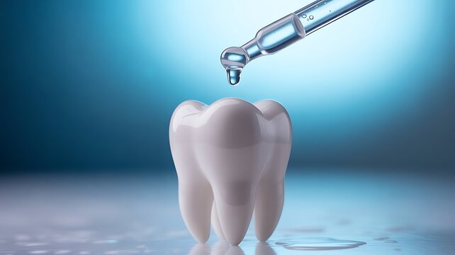 Dropper applying serum to a white tooth for dental care and whitening treatment concept