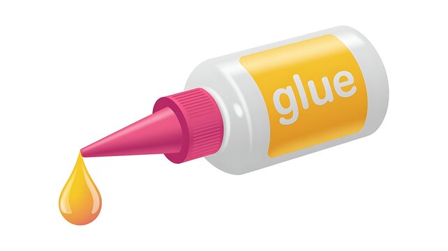 Small plastic glue bottle with a yellow label and a drop of adhesive liquid isolated.