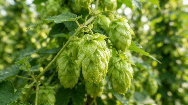 Fresh hop cones hanging on green vine in outdoor field