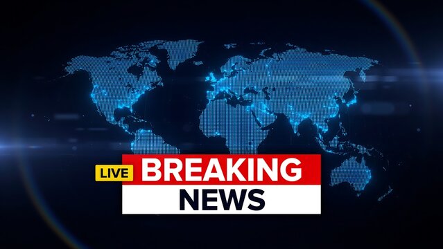 Breaking news live broadcast graphic with a digital blue world map background.