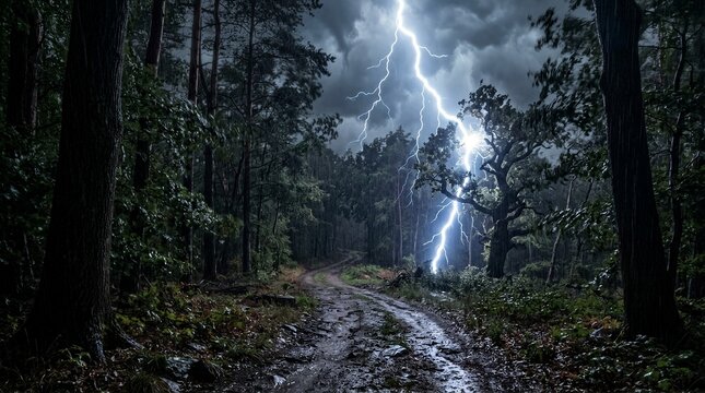 Rural forest path struck by lightning during stormy night