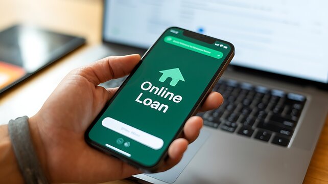 Hand holding smartphone with online loan application on screen for mortgage finance