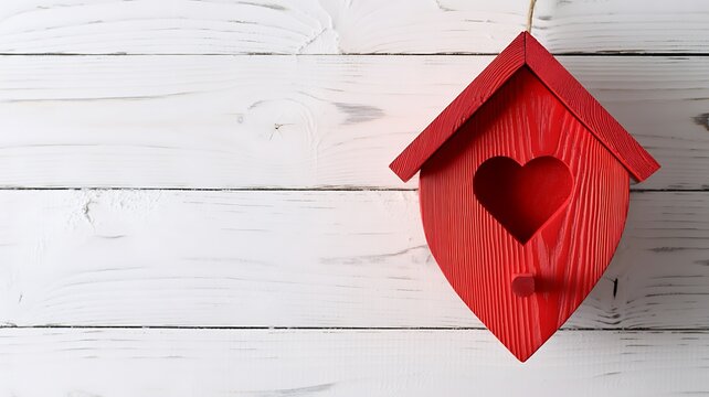 Red wooden birdhouse with heart shape cutout on white rustic wooden background