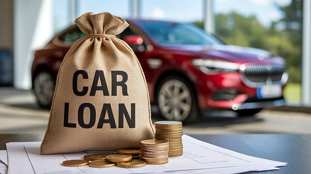 Money bag with Car Loan text and gold coins on a desk with a blurred red car in background