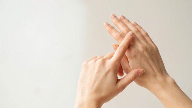 Close up of female hands applying moisturizing cream or lotion for skincare treatment