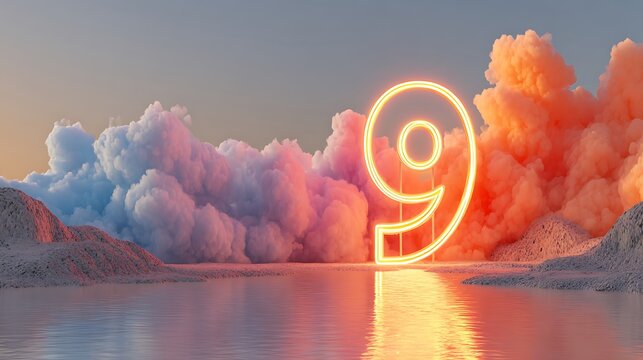 Red number nine holographic projection floating above ocean waves with orange and purple clouds