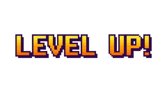 Pixelated text reading level up is displayed in a vibrant orange and yellow color scheme 8-bit arcade blocky bright