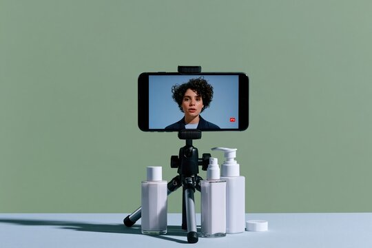 Smartphone on a tripod recording a woman on screen for a beauty vlog, featuring cosmetic bottles on a clean surface for live commerce marketing