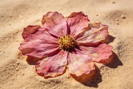 A dried magenta cosmos flower with golden center rests on fine beige sand viewed from a straight top down perspective