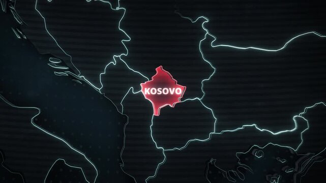 3D map animation of Kosovo, Balkans, featuring glowing neon outlines, a red geographic highlight, and typography, ideal for an educational presentation backdrop.
