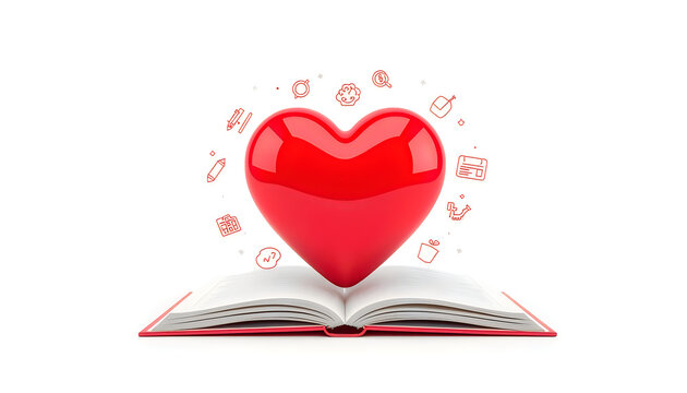 Large red heart floating over open book with floating educational line icons.