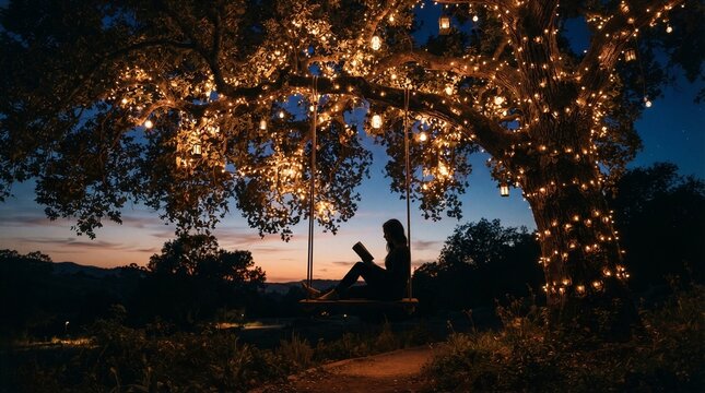 Person reading on swing under tree with string lights at dusk