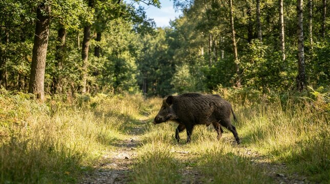 Wild boar walking across sunlit forest trail in daytime