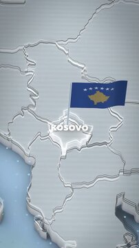 A vertical 3D map of Kosovo, Southeastern Europe features glowing outlines, a waving national flag, and bold typography for educational short-form mobile videos.

