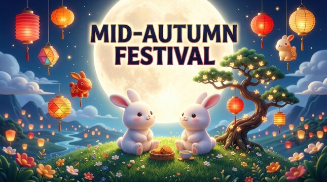 Two rabbits sit on a grassy hill beneath a full moon during mid autumn festival celebrations celebration chinese culture