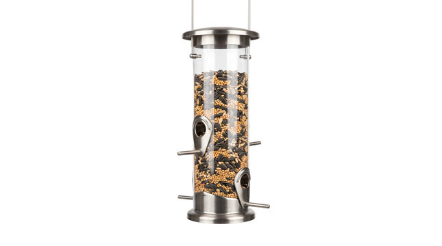 Modern hanging bird feeder with metal ends and transparent tube filled with bird seed mix. Isolated on black background, perfect for wildlife and gardening content.