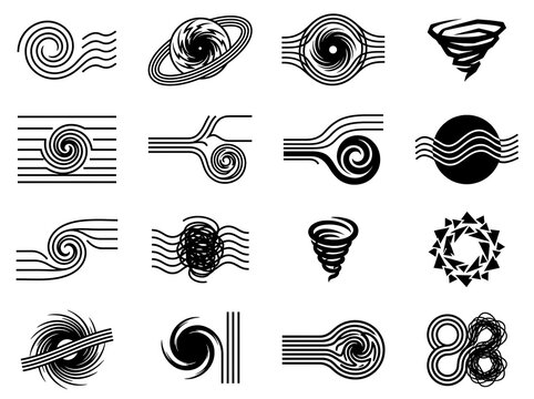 Abstract black and white swirls and waves set vector icons collection