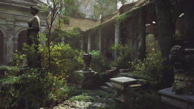 Gloomy ancient corridor. Silent ruin with creeping greenery. Faded pillars under shadowy canopy. Old structure enveloped in shadows with lingering peace