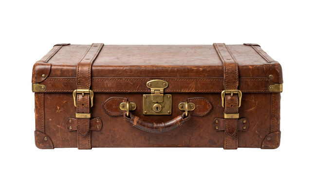 A vintage brown leather suitcase with brass buckles isolated on a black background. Perfect for travel concepts, historical themes, or antique luggage photography.