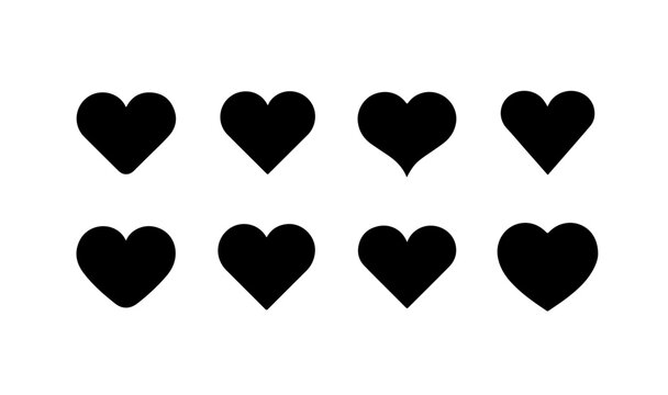 Set of eight black heart shapes vector illustration, simple design for love and romance concept.