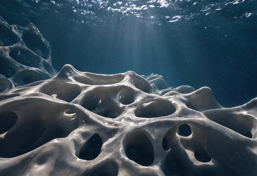 Underwater rock formation with glossy surface and cavities illuminated by sun rays