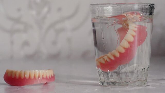 A removable full denture falls into a glass of transparent water creating a splash. Demonstration of daily hygienic care and cleaning process for false teeth at home