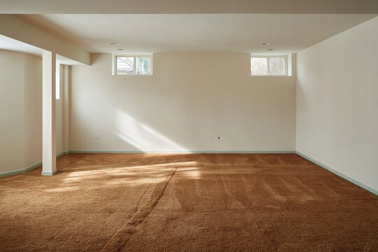 Brown loop-pile carpet in a finished basement room with warm light and copy space, ideal for home renovation and property listing marketing