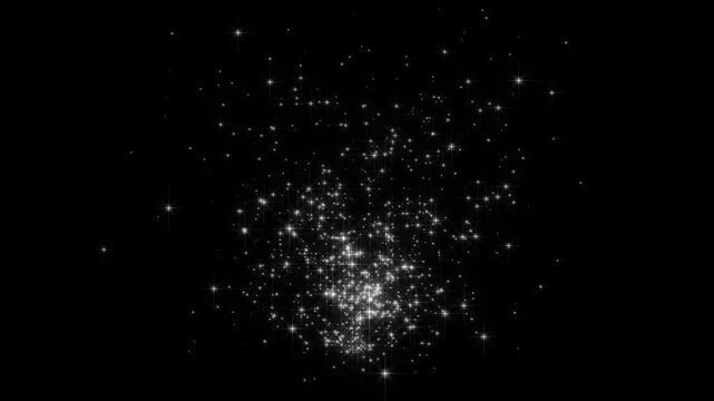 White glitter sparkle stars and twinkling particles rising on black background, magical fairy dust trail with glowing burst, shining stardust shimmer and dreamy bokeh light effect, 4K