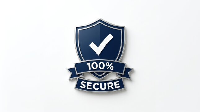 A navy shield with a white checkmark and ribbon displays a security guarantee badge emblem protection safeguard trust reliability