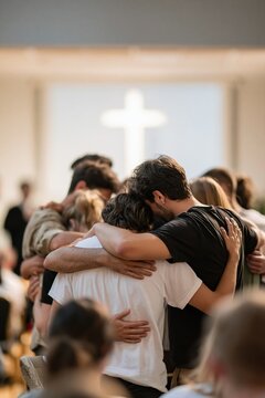 Group of young adults in a tight huddle with bowed heads in a church hall, featuring soft lighting and a glowing cross projection for faith community and youth ministry
