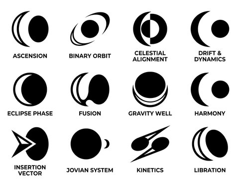 Minimalist celestial icons set, 12 black astronomical symbols. Abstract space logo collection, geometric planetary orbit graphics for branding.