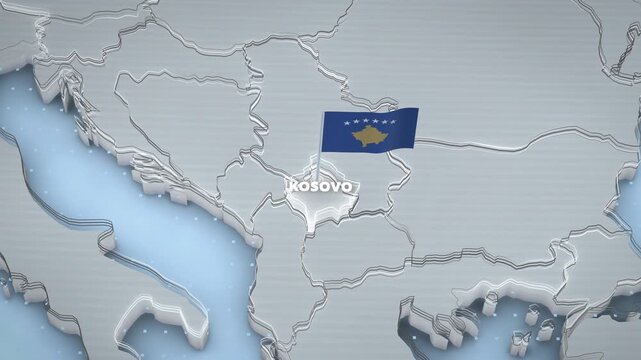 A detailed 3D map of Kosovo, Southeastern Europe highlights the territory with glowing borders, a national flag, and extruded typography for educational presentations.

