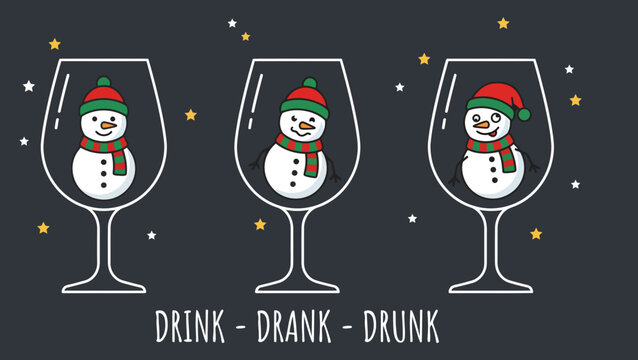 Funny christmas illustration with snowmen in wine glasses with drink drank drunk text