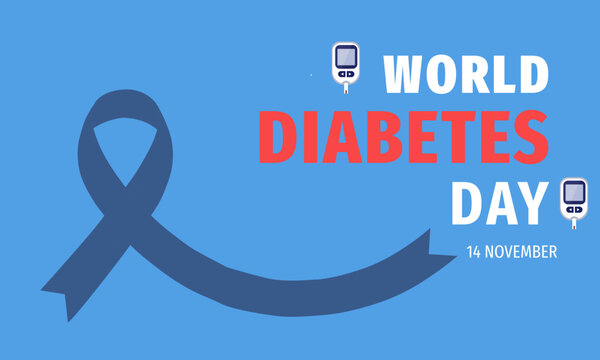 World diabetes day banner with blue awareness ribbon and blood glucose monitor icons on a blue background, 14 november