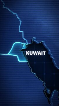 Vertical digital map of Kuwait, Middle East, featuring a glowing blue outline, clear white typography, and scanline texture for short-form educational content.
