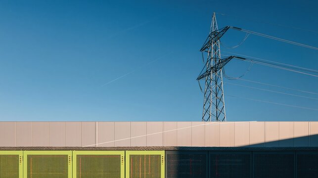 Steel electricity pylon rising above a line of bright lime green server cabinets with industrial textures for energy and cloud computing