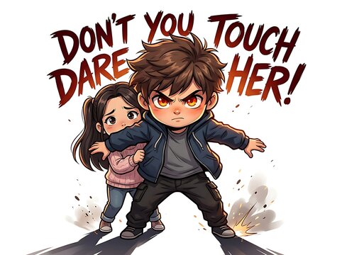 Chibi anime boy protecting girl, angry manga character illustration, don't you dare touch her text, protective brother concept