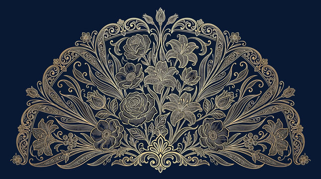 Elegant floral semicircle composition with intricate line art roses and lilies on a dark blue background