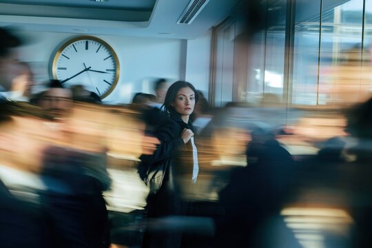 Large analogue wall clock on a blue wall overlooking a blurred stream of office workers in motion for time management and productivity concepts