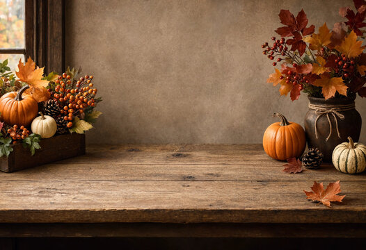 Autumn harvest decor with pumpkins, leaves, and berries on rustic wooden table