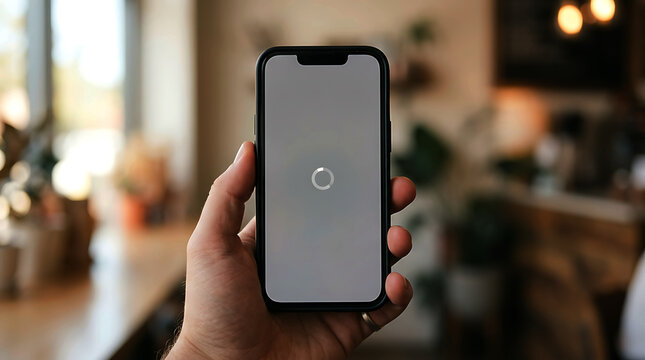 Person holding a smartphone with a loading circle icon on the screen indoors.