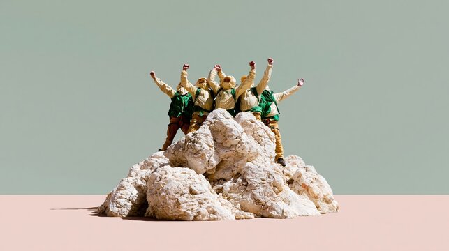 Group of hikers celebrating on a rocky mountain peak, featuring a collaborative victory pose and technical outdoor gear for teamwork and achievement concepts