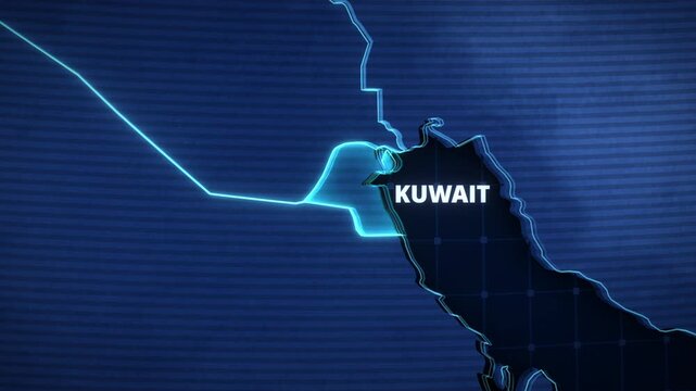 Digital map of Kuwait, Middle East, featuring a glowing blue outline, clear white typography, and scanline texture for educational presentations.
