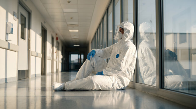 Tired healthcare worker in hazmat suit sitting on hospital corridor floor during pandemic shift.