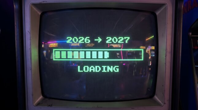 Retro vintage arcade cabinet monitor featuring a glowing green pixel art loading bar with the text "2026 -> 2027 LOADING..." against a space backdrop in a dimly lit arcade setting.