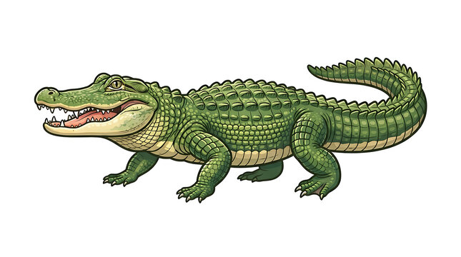 Detailed green alligator illustration isolated on white background with wildlife