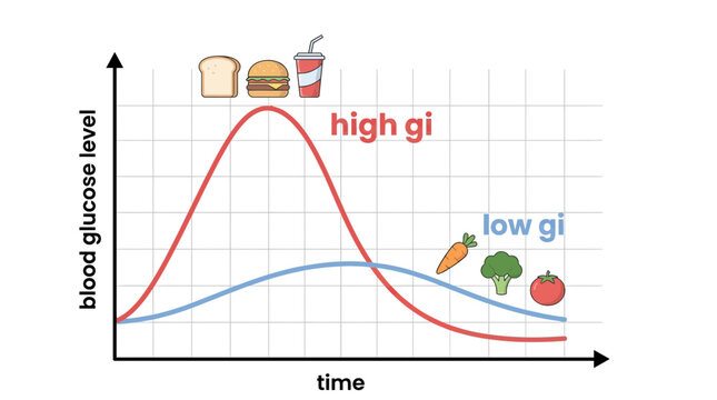 Glycemic index comparison vector illustration showing high and low blood glucose levels after healthy food consumption