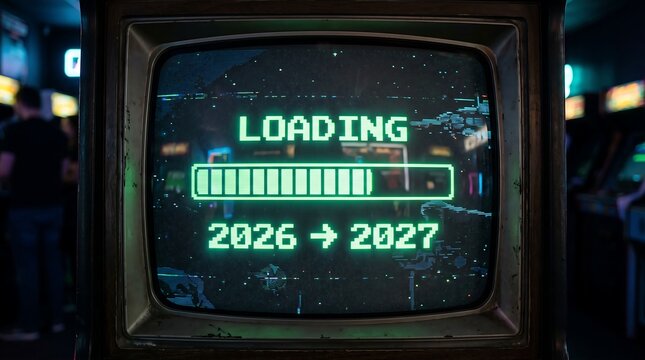 Retro vintage arcade cabinet monitor featuring a glowing green pixel art loading bar with the text "2026 -> 2027 LOADING..." against a space backdrop in a dimly lit arcade setting.